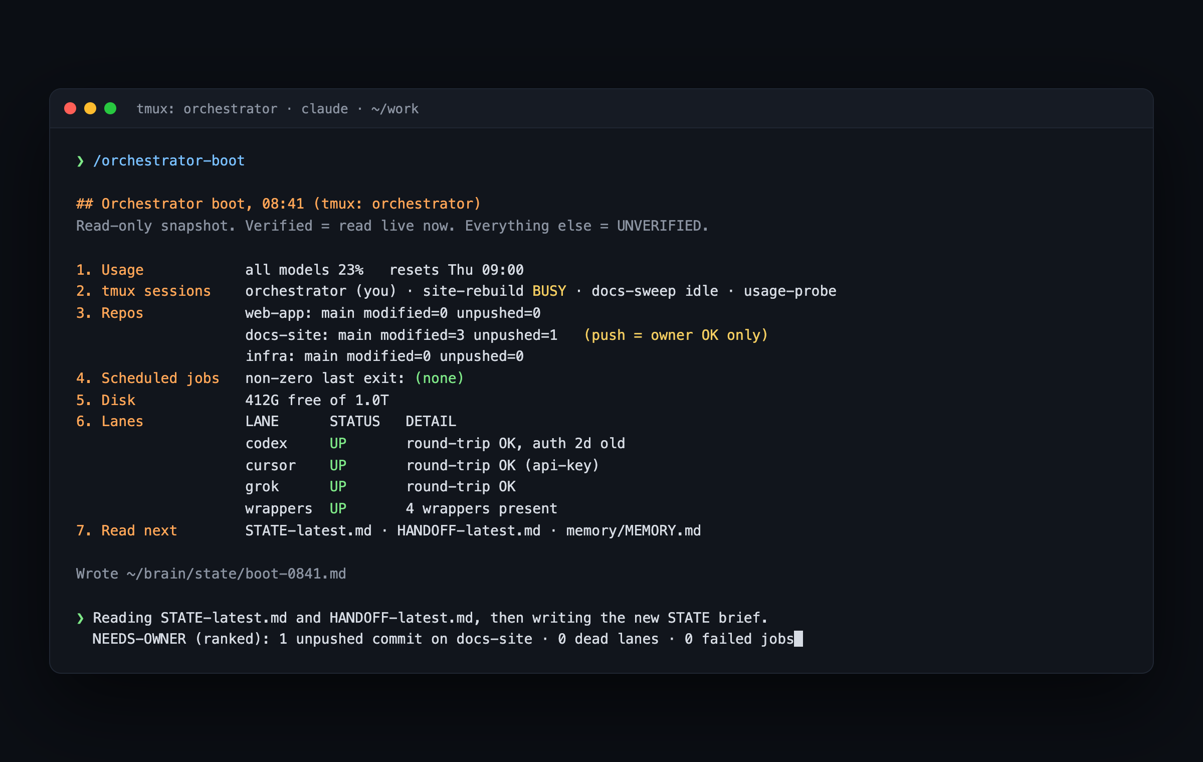Terminal running the boot ritual, sample data